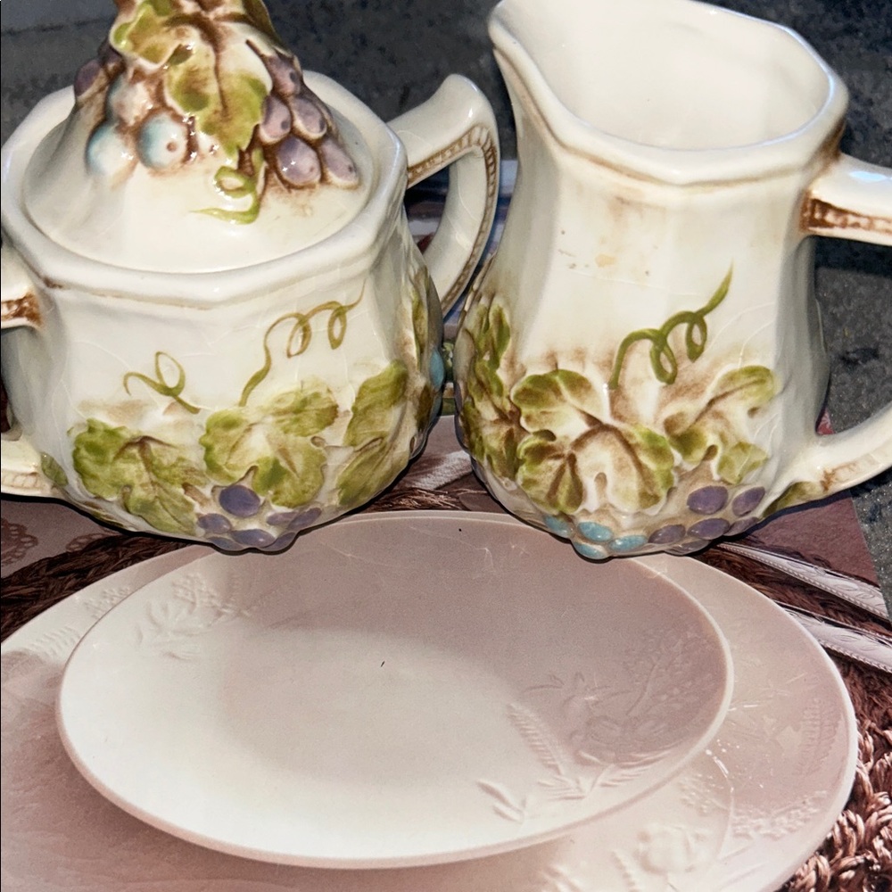 Floral Cream and Sugar Set with Pink Plates